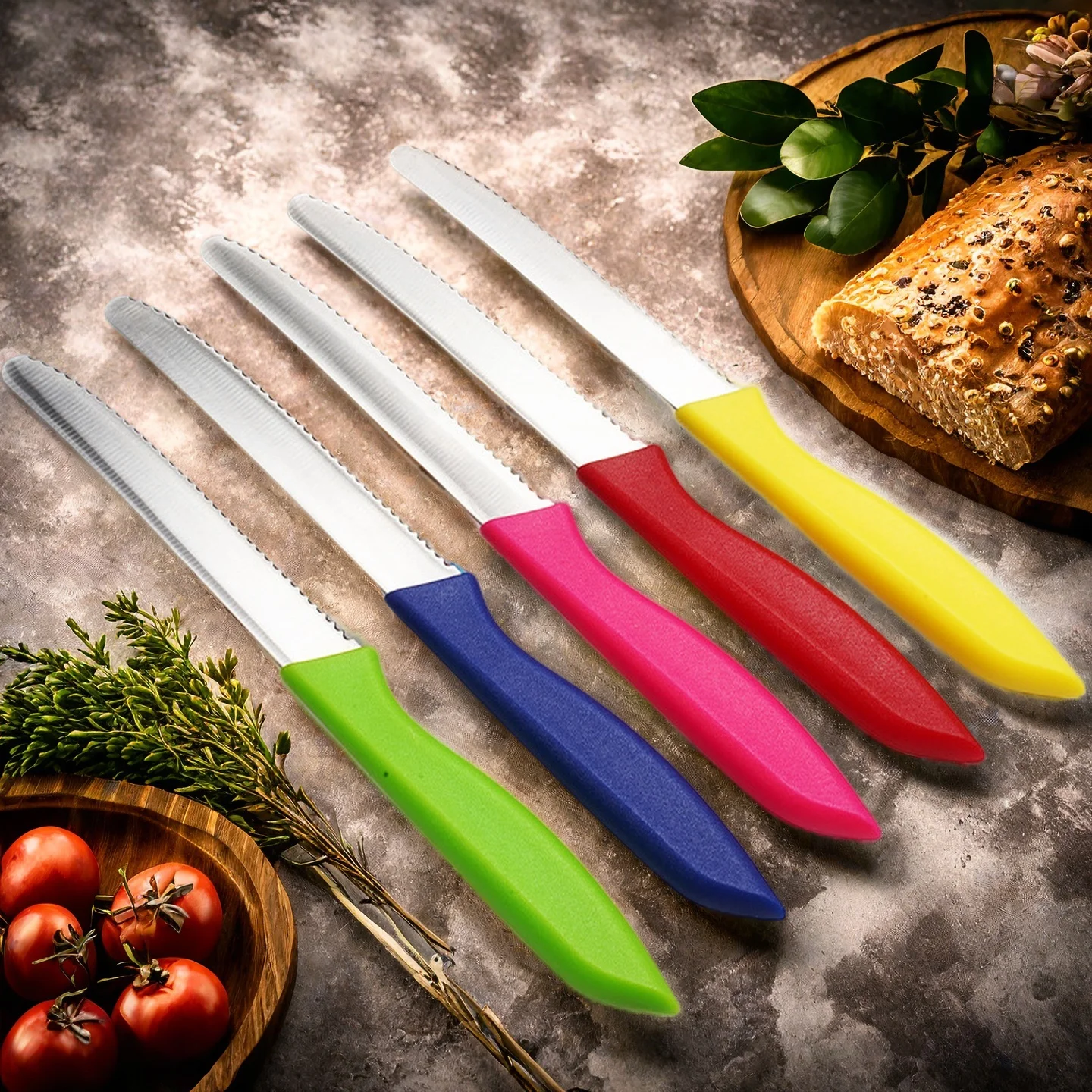 Gezahntes Steakmesser, Edelstahl-Steakmesser mit spitzem Schwanz-Kunststoffgriff, multifunktionales Brot-Dessertmesser für die Küche – Detail 1