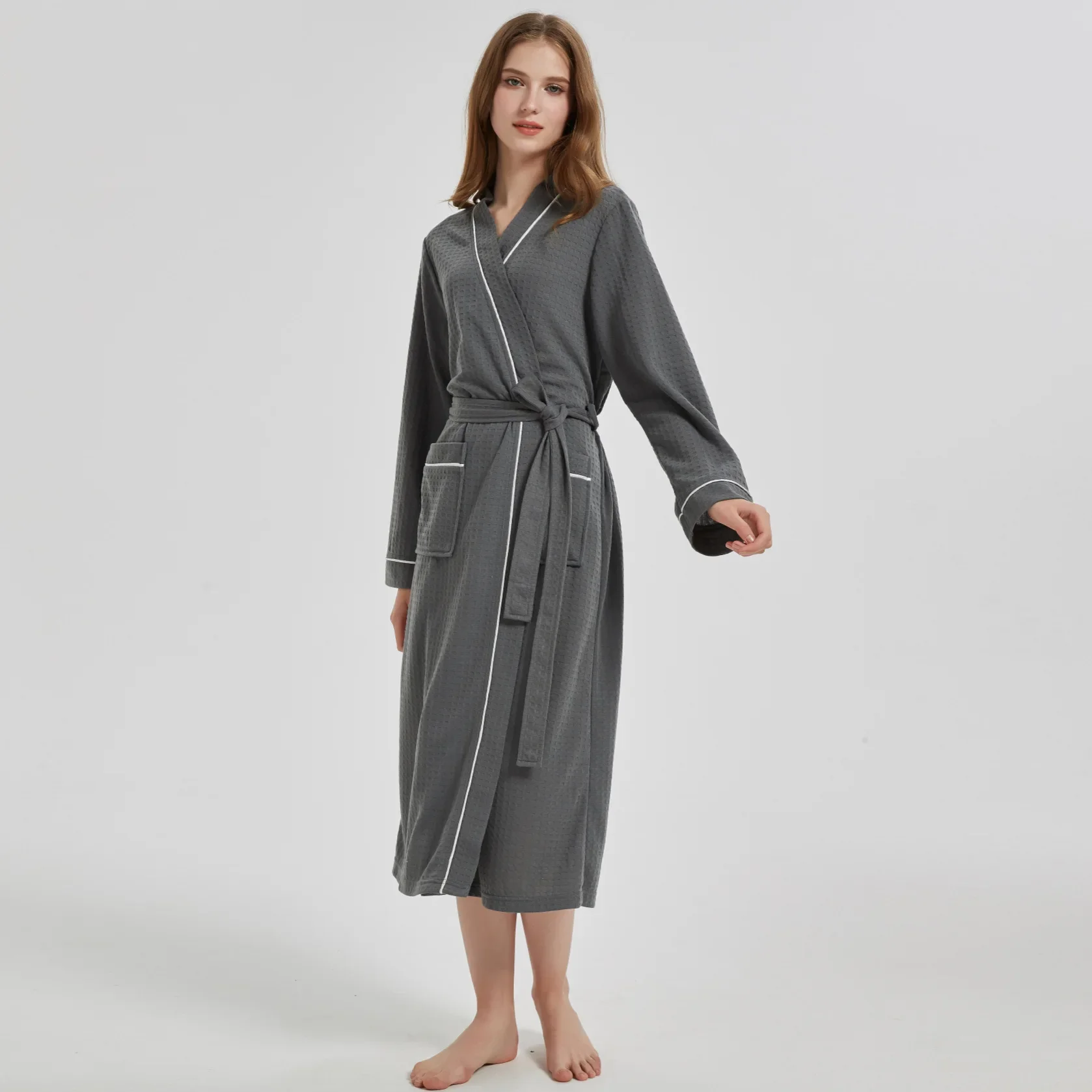 At Casual Couple Robe Homewear pour femme, Kimono long gaufré, Peignoir, Vêtements de nuit, Chemise de nuit, Vêtements de détente, Printemps, Automne, Nouveau