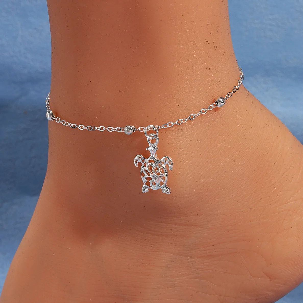 Fashion Oval Bead Chain Sea Turtle Charm Anklet for Women Beach Resort Style Ornaments