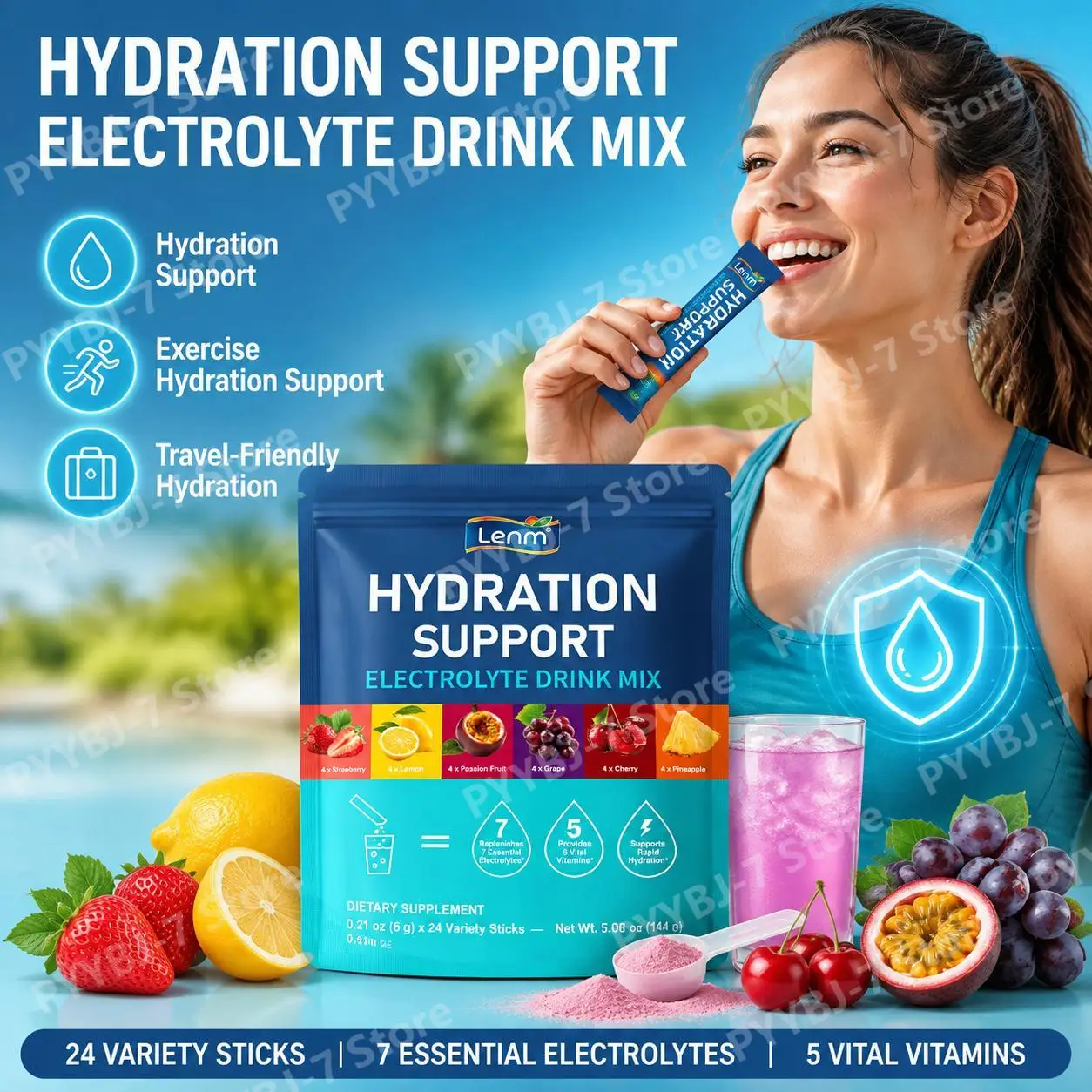 Lenm Hydration Support Electrolyte Drink Mix Powder Sugar-Free 7 Essential Electrolytes 5 Essential Vitamins Vegan 24 Sticks