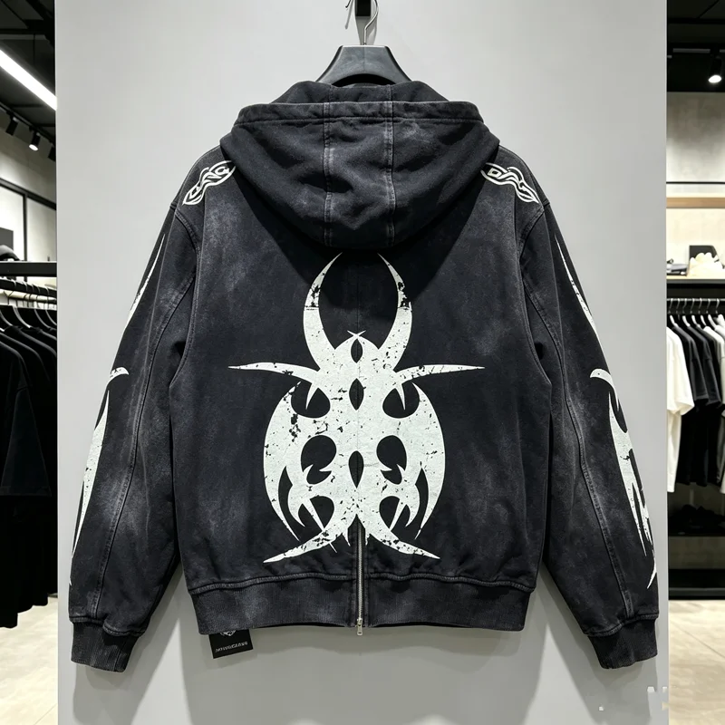 CHEW FOREVER Gothic Tribal Graphic Zip Up Hoodie Men Women Unisex Vintage Washed Distressed Sweatshirts Streetwear Pullovers Y2k