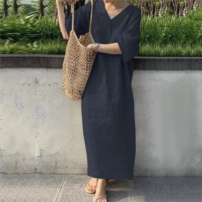 Vintage Cotton And Linen Dress For Women Summer Short Sleeve V-neck Solid Color Casual Loose Long Dress Elegant Women\'s Vestidos