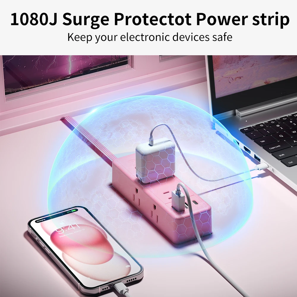 Ntonpower US Plug Pink Power Strip com 6 tomadas 2 portas USB (1 USB-C) Tomada de alimentação Cabo de extensão plano de 15 pés Filtro de rede
