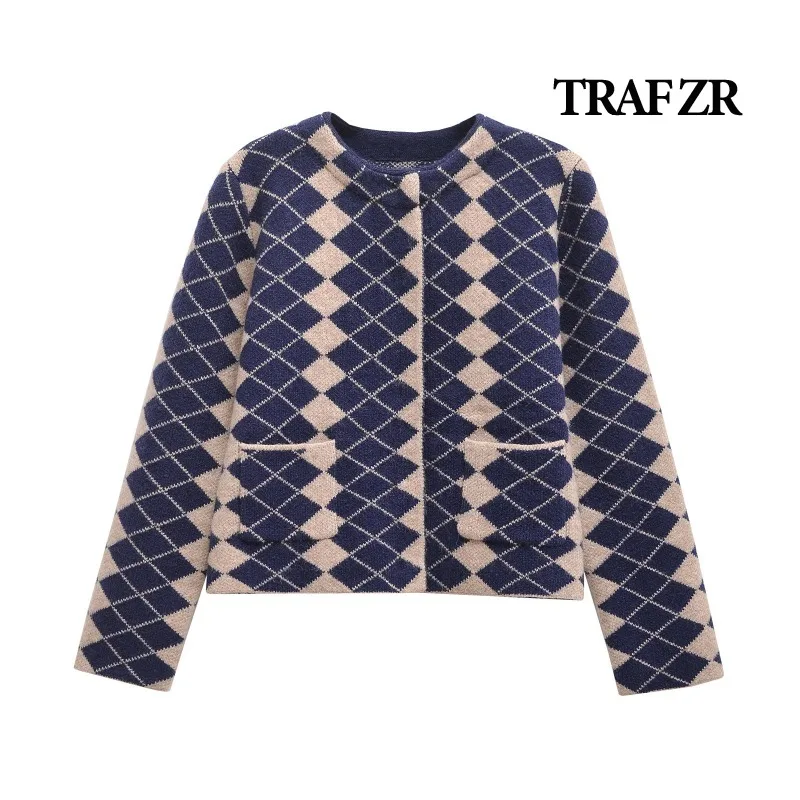 TRAF ZR Knit Cardigan Ladies Long Sleeve England Style Cozy Sweaters Argyle O-neck Long Sleeve Cardigan Women's Autumn Sweater