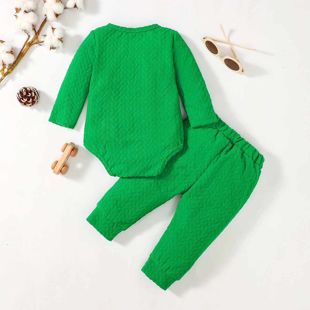 0-18 year old baby boy green diamond knitted towel cloth long sleeved drawstring romper pants set