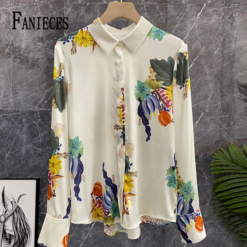 FANIECES Autumn Satin Women\'s Shirts Casual Tops Streetwear Long Sleeve Lapel Button Up Chic Print Blouses قمصان وبلوزات Blusas