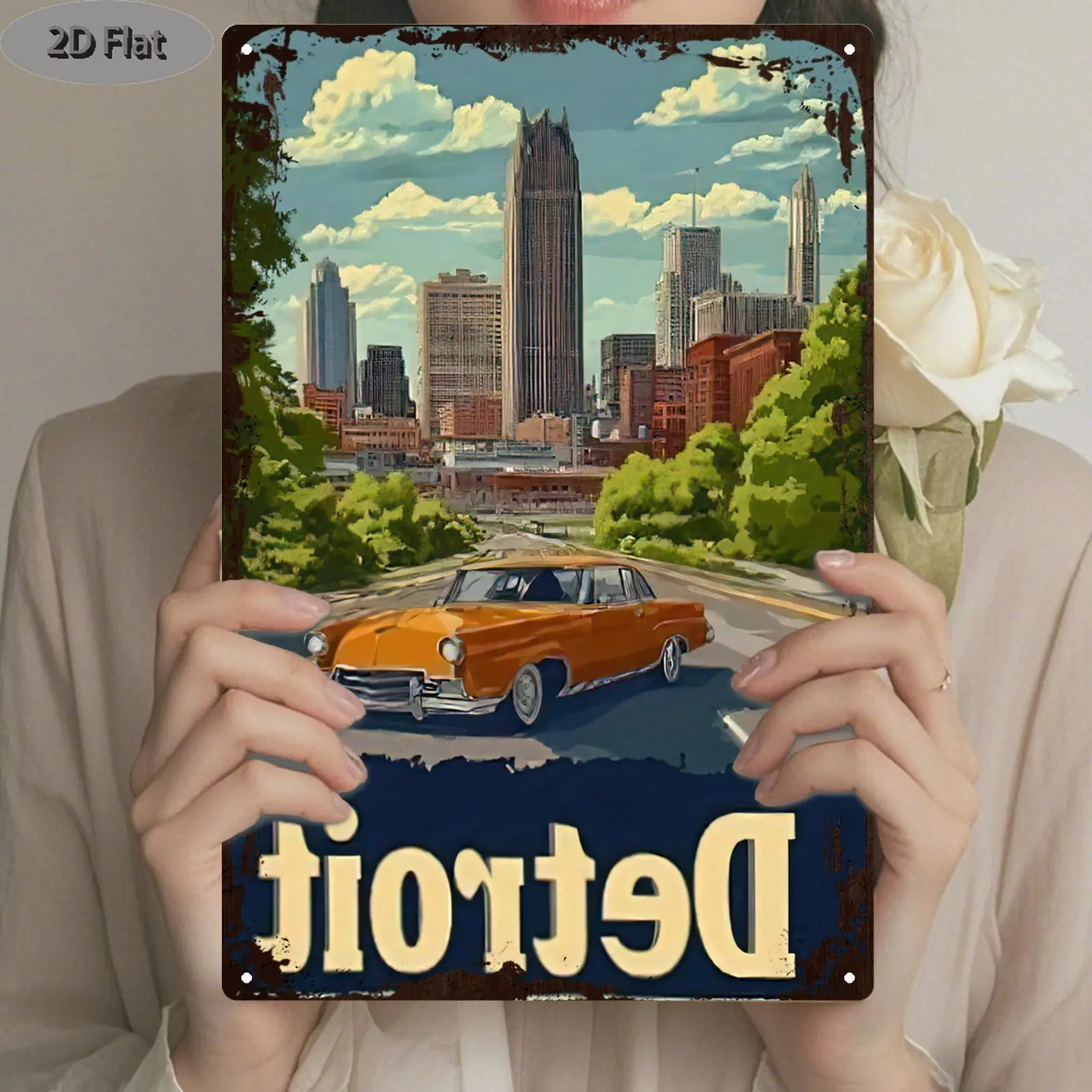 Retro Detroit Metal Wall Art Print - Vintage Classic Car,Cityscape Design, Durable Iron Material, , Indoor/Outdoor Decor for L