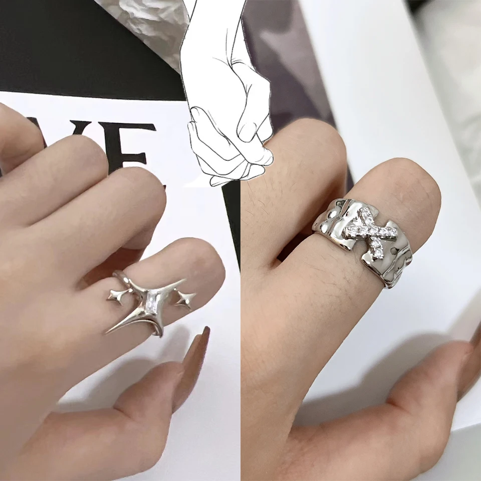 2023 Lover Jewelry Couple Rings Fashion YK2 Star Cross Zircon Crystal Ring Women Men Punk Metal Opening Ring Best Friends Gift