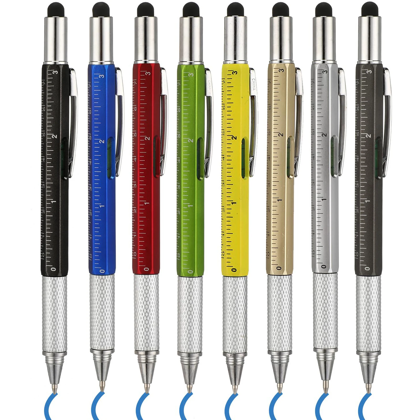 8Pcs 6 in 1 Tool Ballpoint Pen Screwdriver Ruler Spirit Level Multi-function Aluminum Touch Screen Stylus Pen