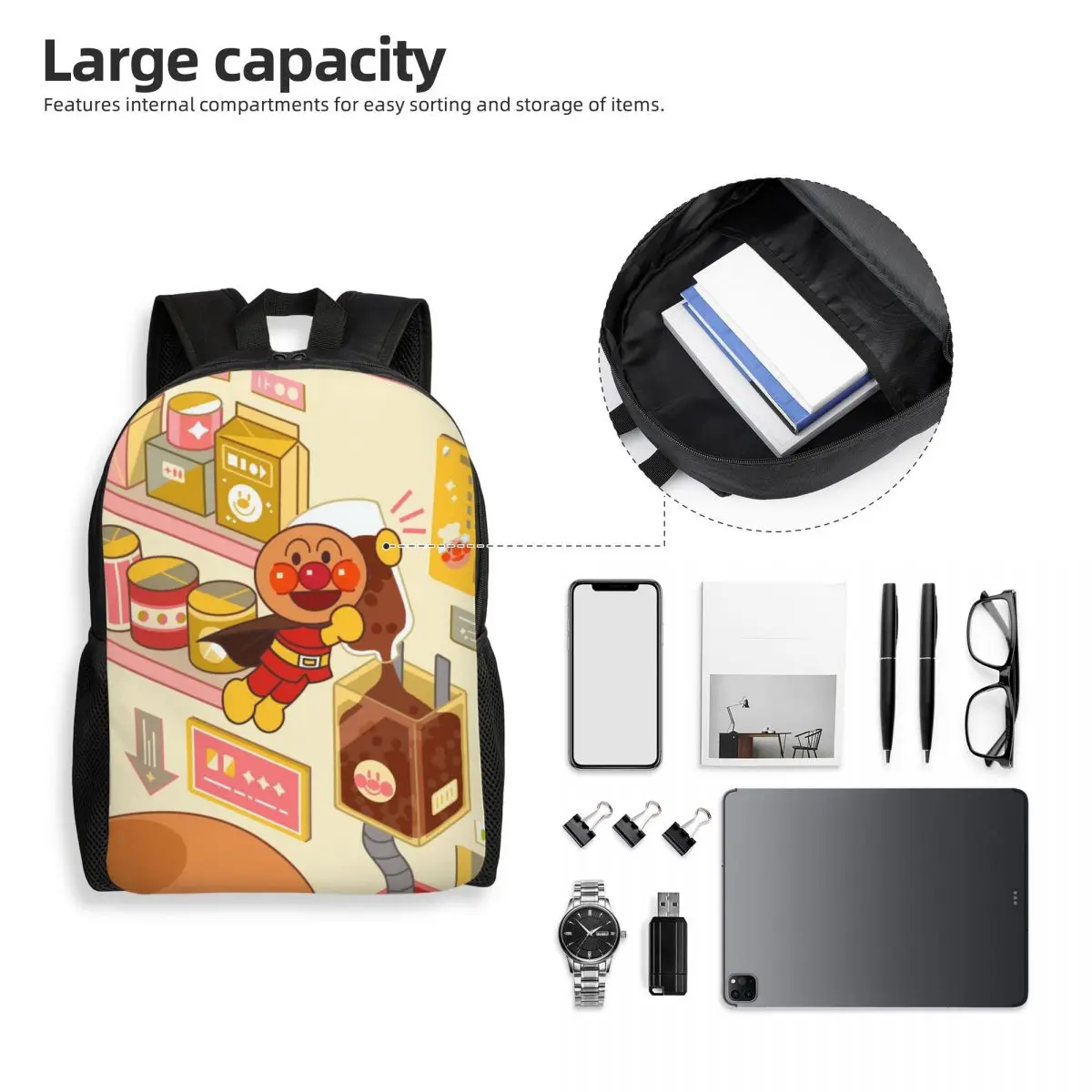 Benutzerdefinierter Anpanmans-Rucksack mit 3D-Druck für Mädchen und Jungen, niedliche Cartoon-Schule, College-Reisetaschen, Männer und Frauen, Büchertasche, passend für 15-Zoll-Laptops