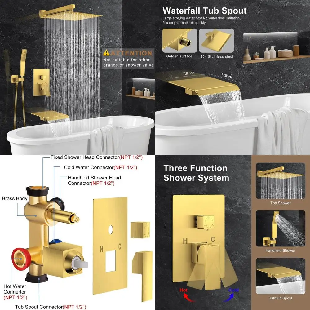 

Набор из 10 настенных смесителей для ванны и душа из матового золота с душевой лейкой и ручным распылителем