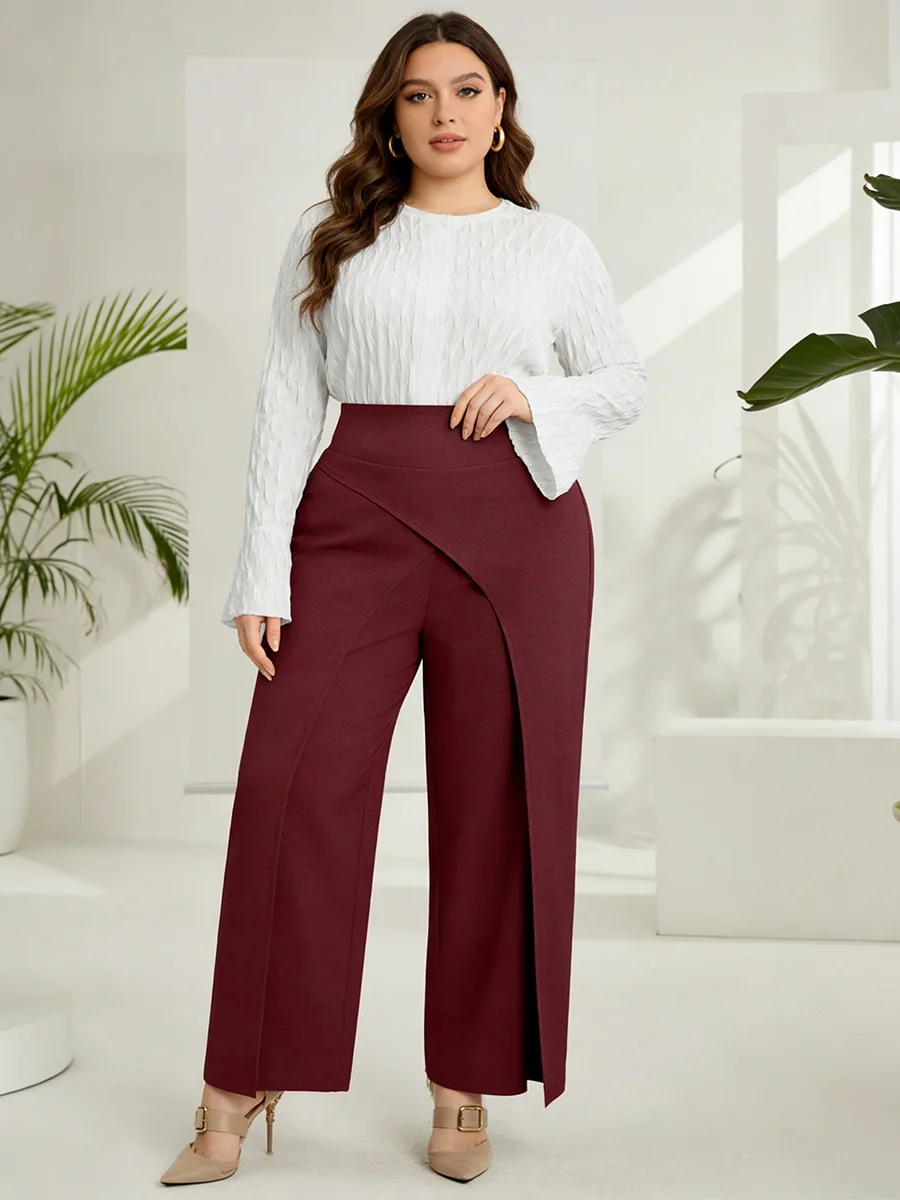 

Женские брюки больших размеров с высокой талией, на молнии сзади, однотонные, текстурированные, широкие, элегантные, весенне-летние, офисные, эластичные.