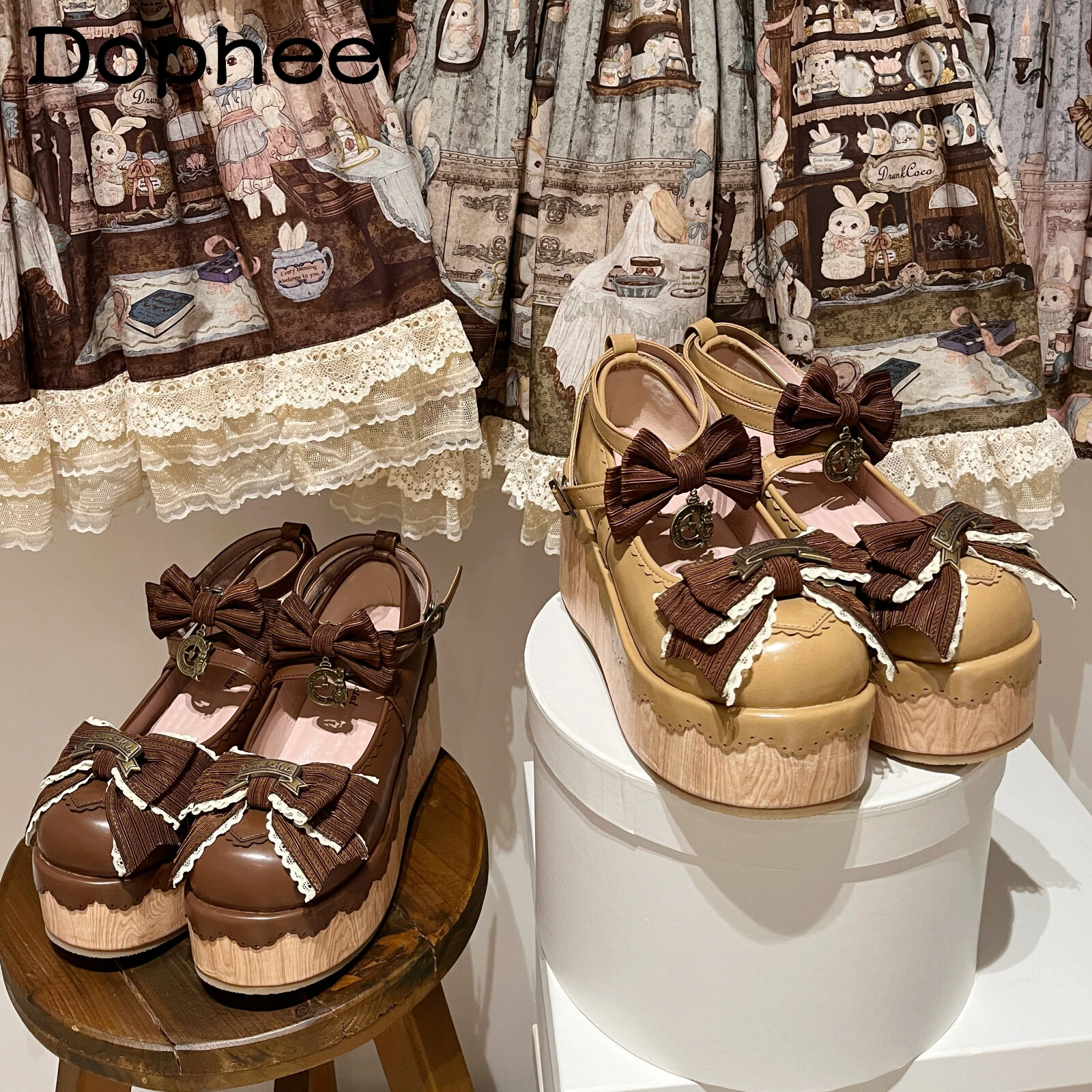 

Japanese Lolita Style Brown Mary Jane Shoes Spring and Autumn Girl Woman's Cute Bow Elegant Platform Shoes Tea Party Lo Pumps