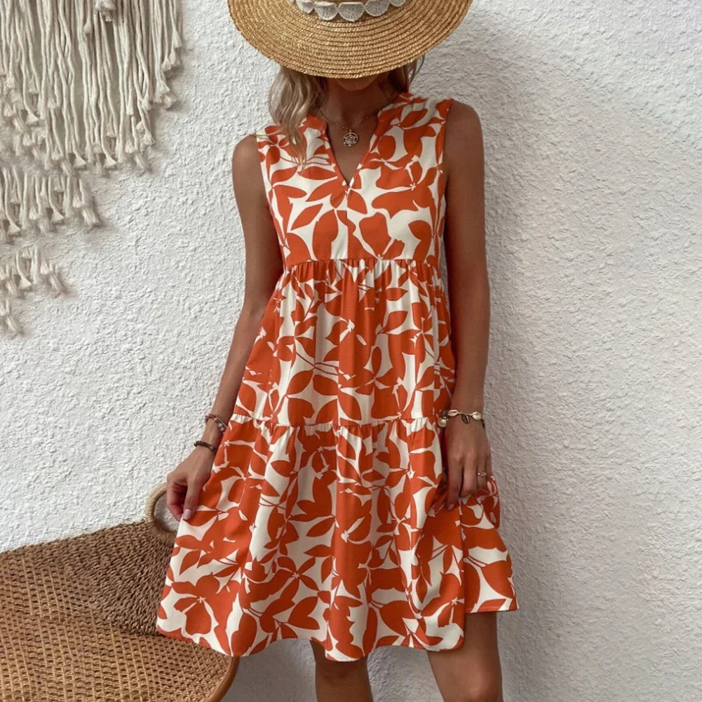 Frauen Boho Süße Kleid Lose Casual Kleid Ärmellose V-ausschnitt Rüschen EINE Linie Gedruckt Kleider Rüschen Strand Vestidos Sommer