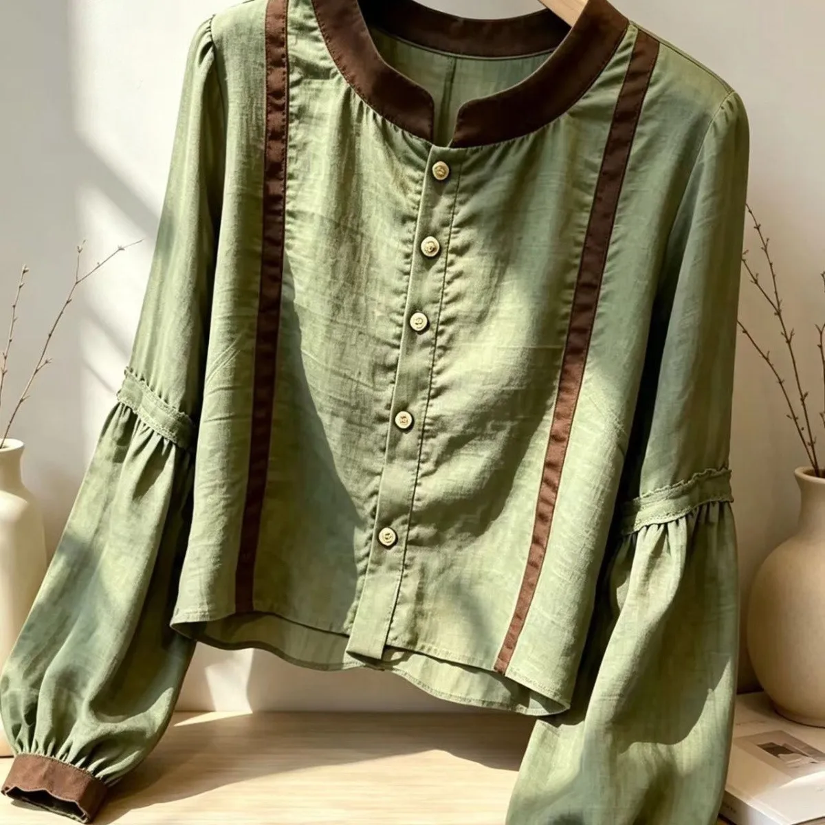 Green Lantern Sleeve Shirt Women's Color Block Collarless Fashionable Long Sleeve Top Commute Style 2026 New Arrival