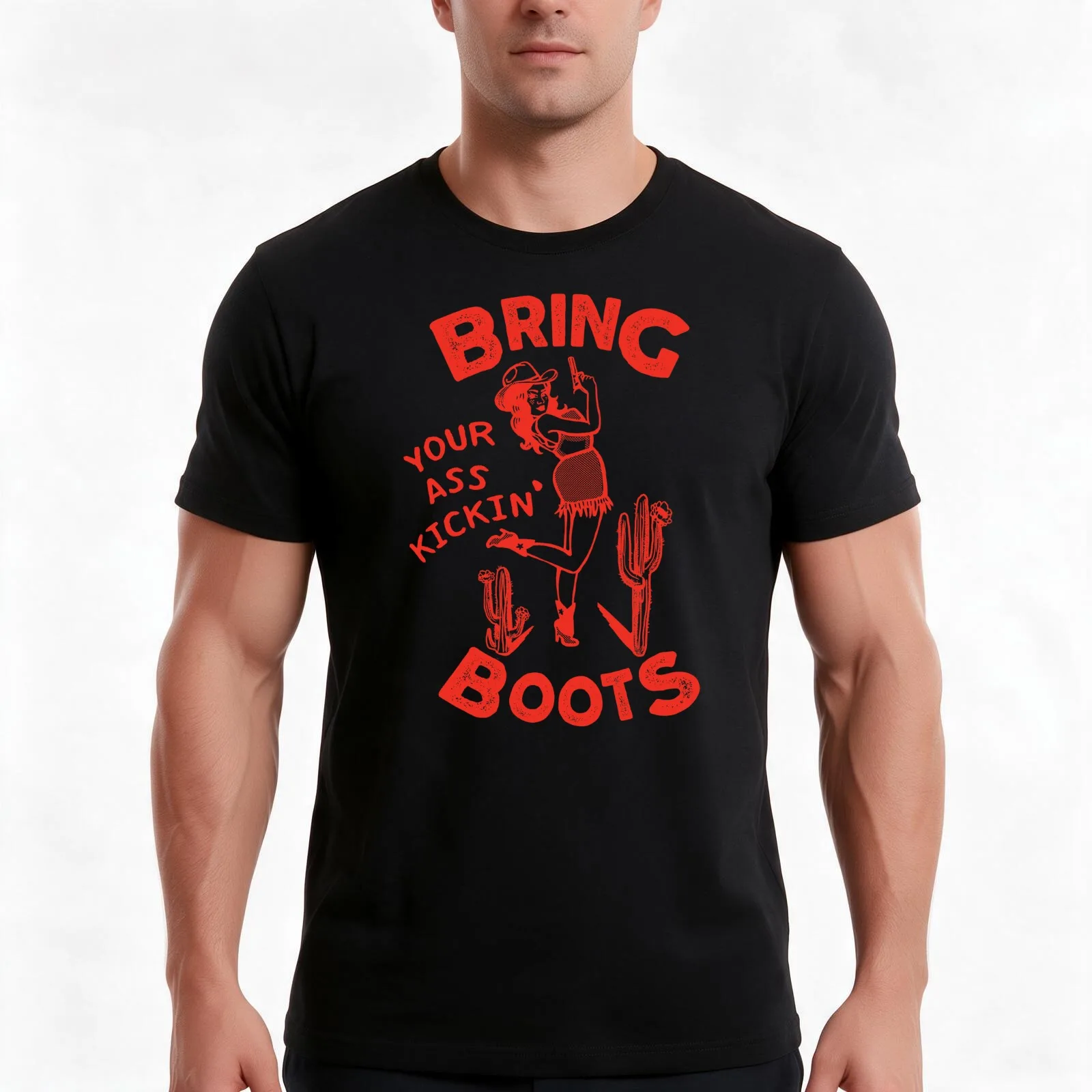 Bring Your Ass Kicking Boots! Cool Retro Cowgirl With A Gun- A Great Gift Idea For Women! T-Shirt Summer Casual Cotton Tee
