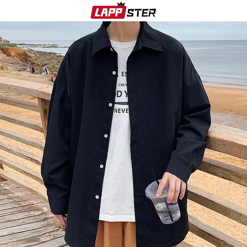 Lappster Heren Witte Effen Vintage Shirts 2023 Heren Harajuku Mode Oversized Shirt Mannelijk Zwart Casual Streetwear Blouses Plus Size