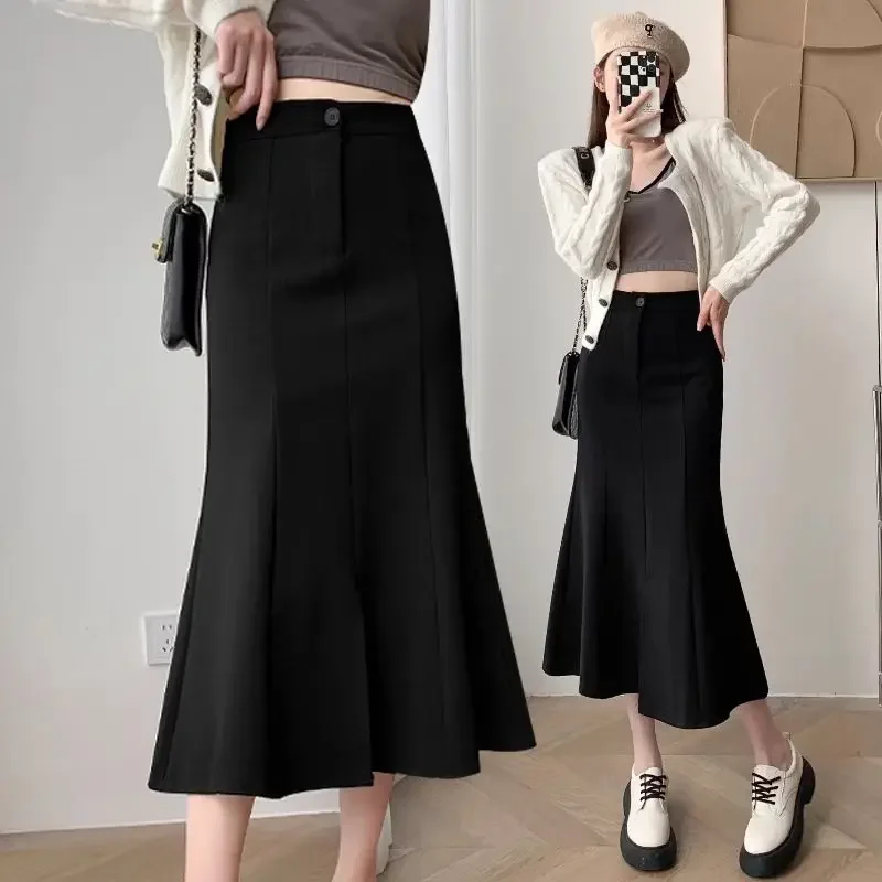 2024 Autumn Winter New Half Skirt Women's Korean Edition High Waist Elastic Black Mid Length Slim Fit Wrap Hip  C58