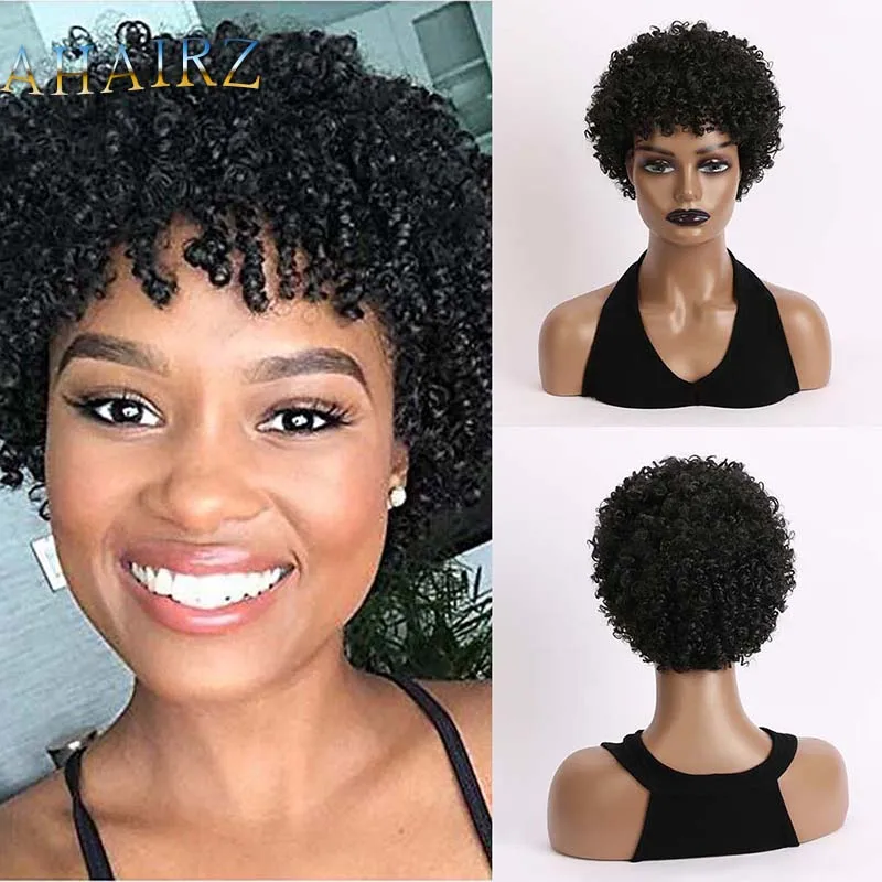 

Synthetic Black Fluffy Wig with Bangs for Women Afro Short Wigs Curly Hair Dark Root Ombre Daily Wig