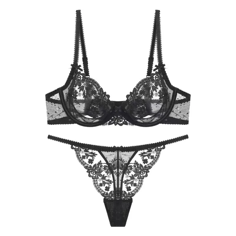 Erotická sexy krajková podprsenka s dutým výstřihem, francouzská tenká část, nařasená spodní prádlo, nařasená sbíraná spodní prádla po boku, proti povislým prsům - náhled 5