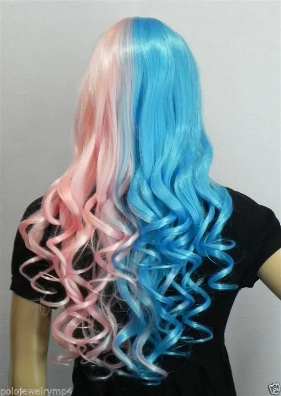 Wholesale blue pink Mixed curly Heat Resistant wig