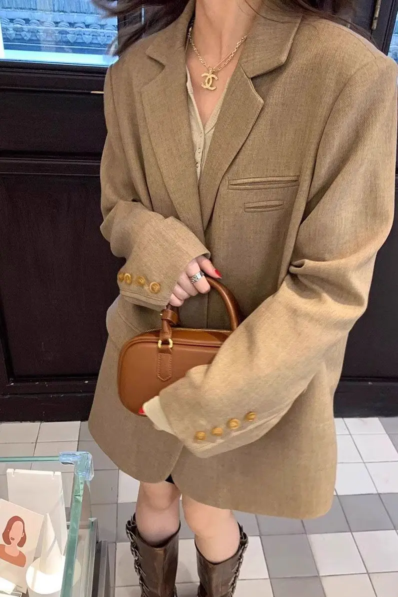 

​​2025 Korean Style Blazer Women Latte Color Boyfriend Fit Petite Casual Luxe Tailored Jacket Spring Autumn Street Smart​​