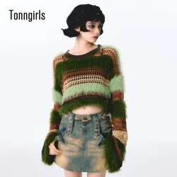 Tonngirls Vintage Knit Pullover Women Long Sleeve Patchwork Plaid Sweater Y2k Aesthetics Grunge Tops Fairycore 2000s Japanese