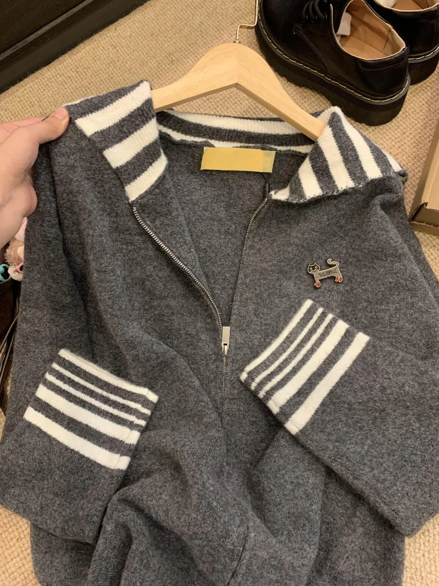 

Gray Navy Collar Striped Knitted Open Cardigan Sweater Women's Autumn Winter Lazy College Style Outerwear Top Casual Style