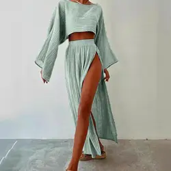 Elegant Women Crop Tops & High Waist Slit Maxi Skirts 2 Pieces Linen Pants Sets Beach Cover Ups Lounge Matching Sets