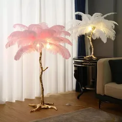 Lámparas de pie de decoración nórdica para el hogar, lámparas de pie modernas de lujo con plumas de avestruz, luz de pie de resina dorada