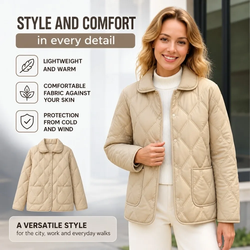Rhomb Pattern Short Cotton Coat Big Pocket Warm Lining Light Jacket Double-sided Wearable Loose Fit Outwear Coat Autumn Season