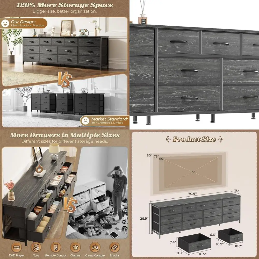 70 Large Bedroom Dresser, 65-80 TV Stand, 13-Drawer Fabric Dresser, Big Entertainment Unit, Extra Wide Storage Chest in Charcoal