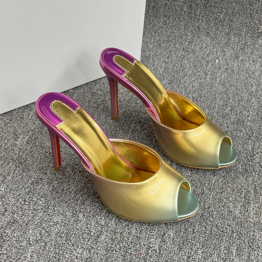 

Peep Toe Red Sole Colorful Colors Leather Women’s Slippers 6-10cm Heel High Heels Slip On Sexy Sandals Female 34-42 Large Size