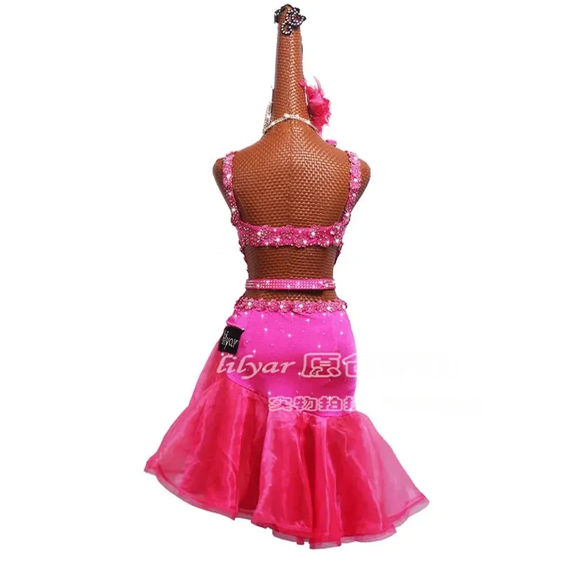 New Latin Dance Dress Latin Skirt Competition Dress Costumes Performing Dress Sparkly Rhinestone Pink Embroidered Fishbone skirt