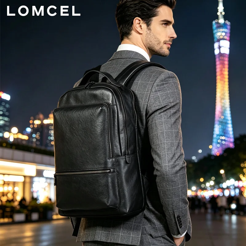 LOMCEL 13 New solid-color men's top grain cowhide backpack, stylish and casual 16 inch laptop dual-shoulder bag  leather busines