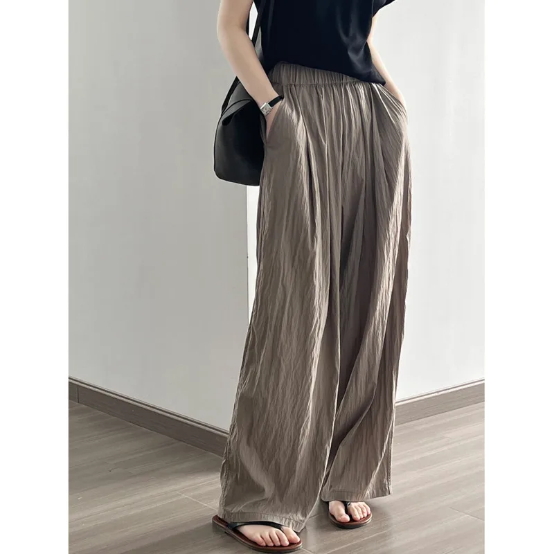 

Summer Pleated Casual Pants Women Elastic High Waist Loose Soft Thin Solid Color Wide Leg Pants