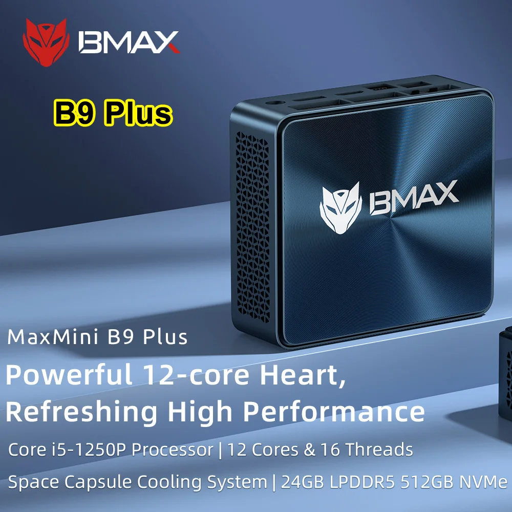 BMAX B9 Plus Mini PC Intel Core i5-1250P 12 Cores Max 4.4GHz DDR5 24GB RAM 512GB SSD WiFi6 BT5.2 4K 60Hz HD Game Office Computer