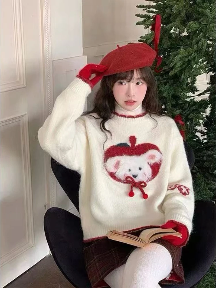 White Sweet Kawaii Christmas Fuzzy Knit Sweater Women Bow Decor Apple Puppy Print Contrast Trim Loose Fit Casual Winter Outfit