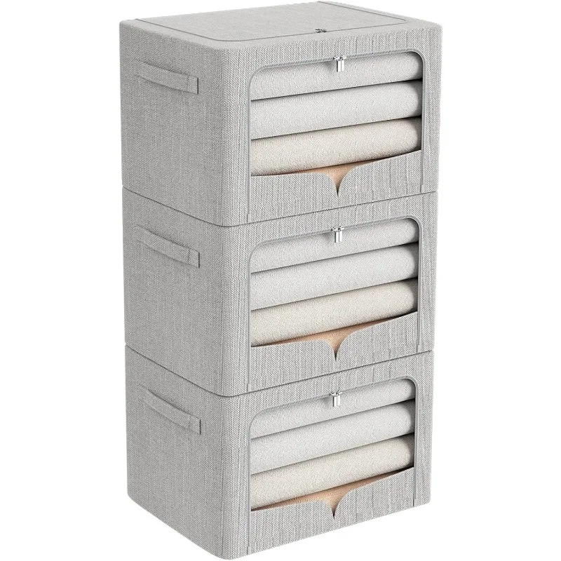 

Clothes Storage Bins - Foldable Metal Frame Storage Box - Stackable Linen Fabric Organizer Set with Carrying Handles