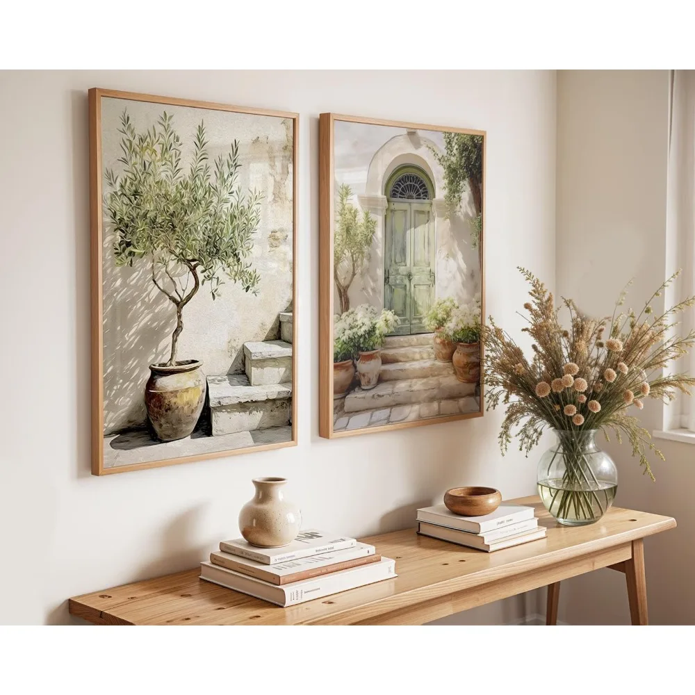 2 Stück rahmenlose Kunstdrucke mit mediterranem Olivenbaum und italienischer Tür im Bohemian-Stil, Wanddekoration für Wohnzimmer und Schlafzimmer