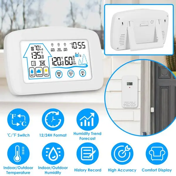 محطة طقس لاسلكية مع ساعة، نطاق 196 قدم، ميزان حرارة داخلي وخارجي، شاشة عرض بإضاءة خلفية تعمل بالبطارية