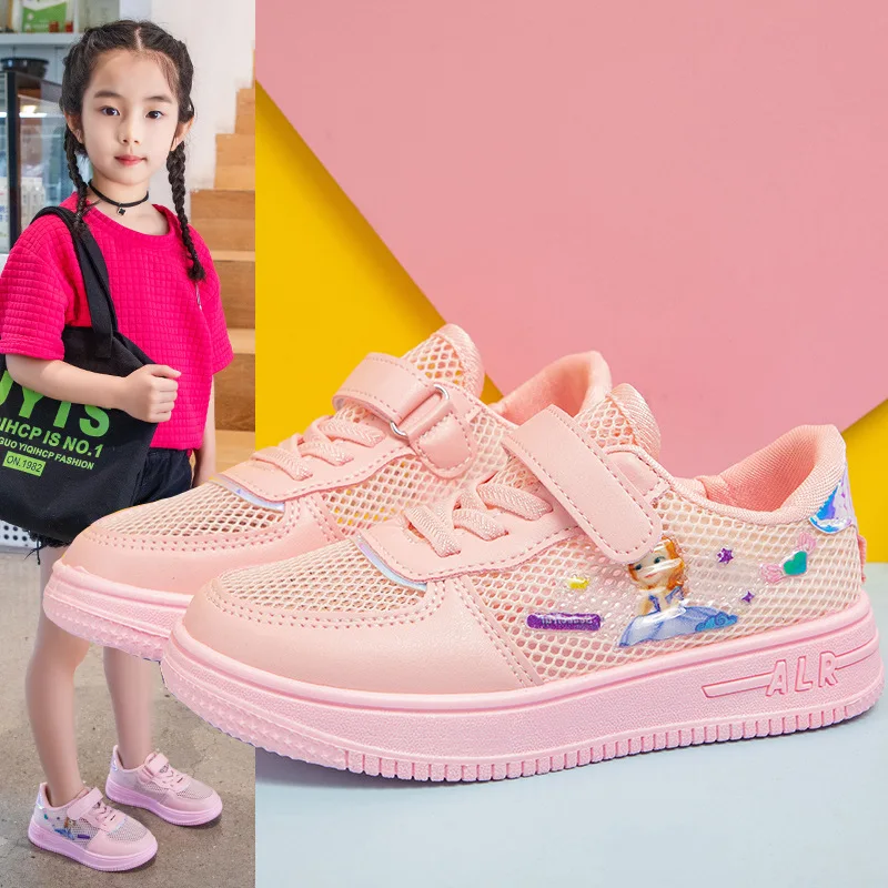 Summer Kids Girls Mesh White Shoes Princess Anime Character Board Shoes scarpe Casual bambini Mesh Sneakers antiscivolo traspiranti