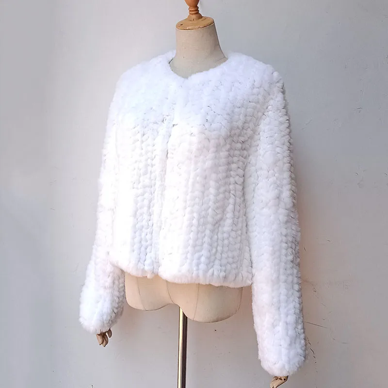 Frauen gestrickt echte Rex Kaninchen Pelzmantel O-Ausschnitt Langarm warme Mode Echtpelz Jacke weibliche Natur pelz Outwear