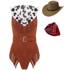 Women Halloween Carnival Western Cowgirl Cosplay Performance Costume Sleeveless Tassel Bodysuit with Belt Bandanna Cowboy Hat