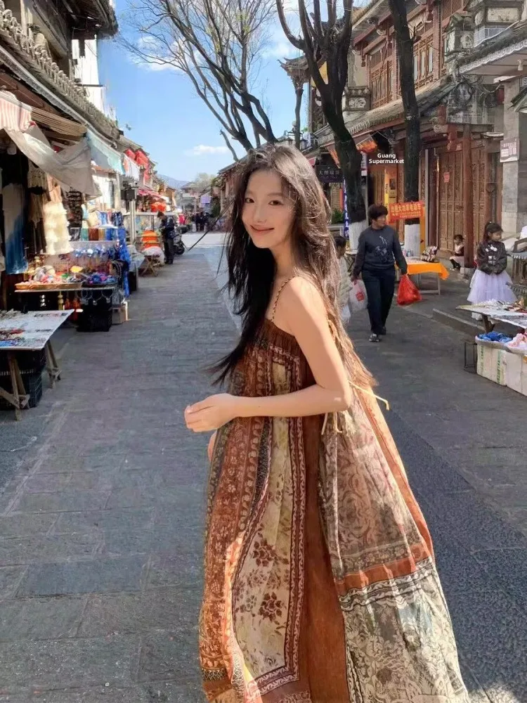 Retro Print Strap Long Dr Vaion Beachwear Tourist Clothing Women's Loose Waist Polyester Fiber Summer Soft Fabric