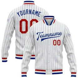 Custom 3D impresso Baseball Button Bomber Jacket, jaqueta Letterman Varsity, jaqueta Full-Snap, branco azul e vermelho cor