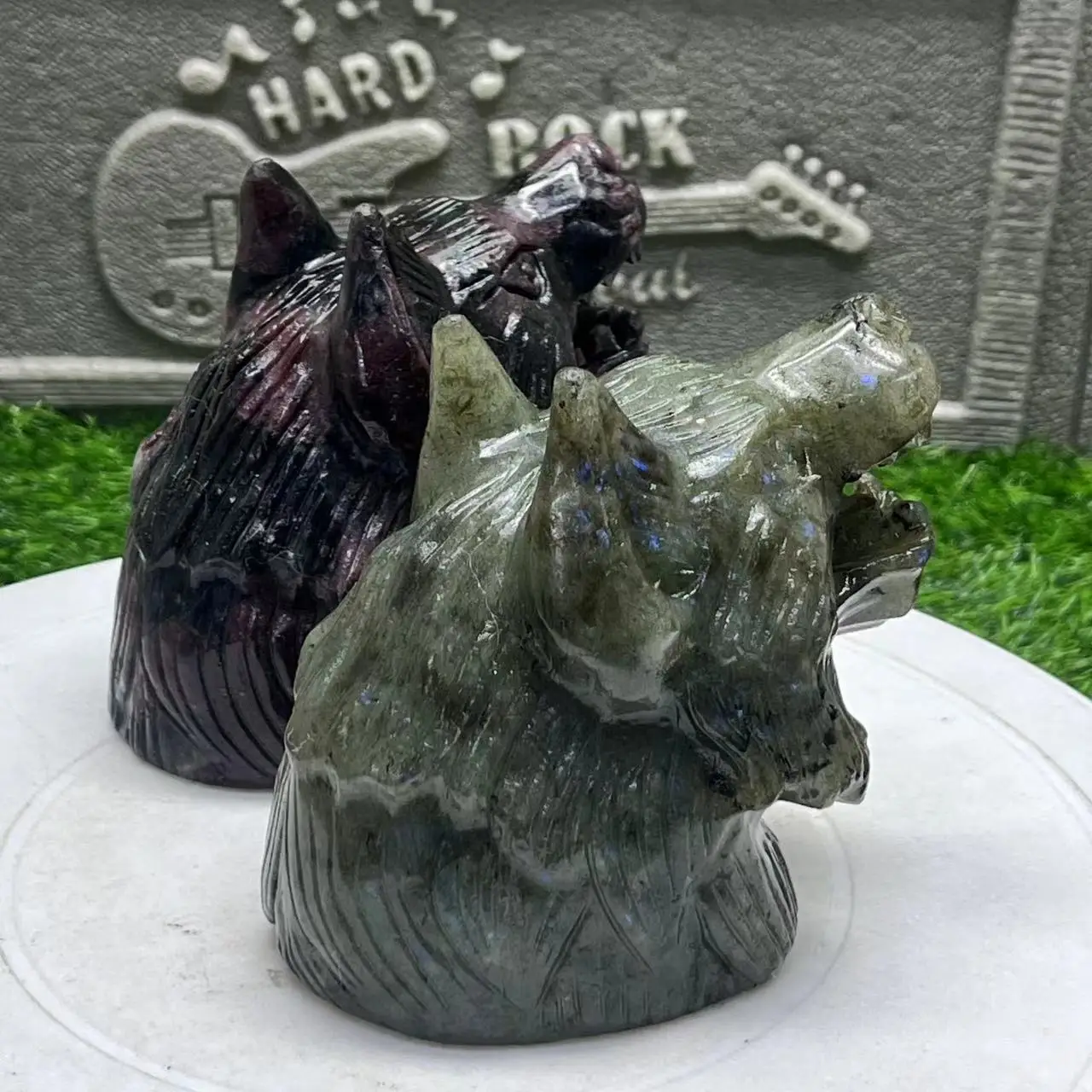 Skull Statue Natural A pair of wolf heads  Crystal Carved Reiki Healing Stone Figurine Crafts Home Decoration Halloween Gift