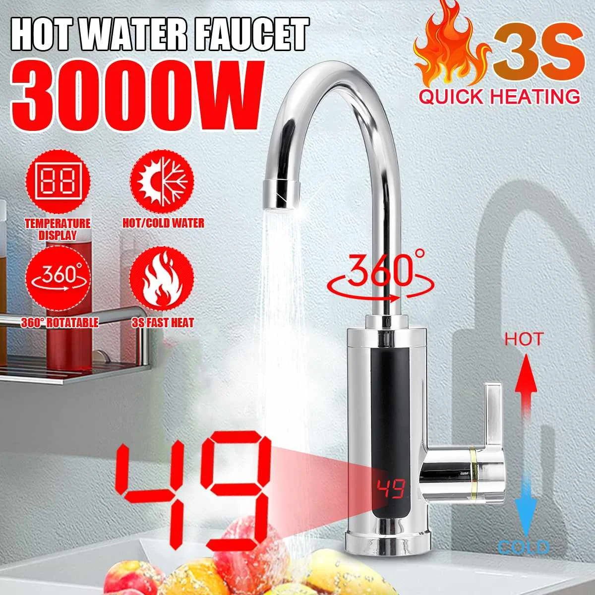 

3000W Electric Kitchen Water Heater Tap Instant Hot Water Faucet Heater Cold Heating Faucet Tankless Water Heater with LED 220V
