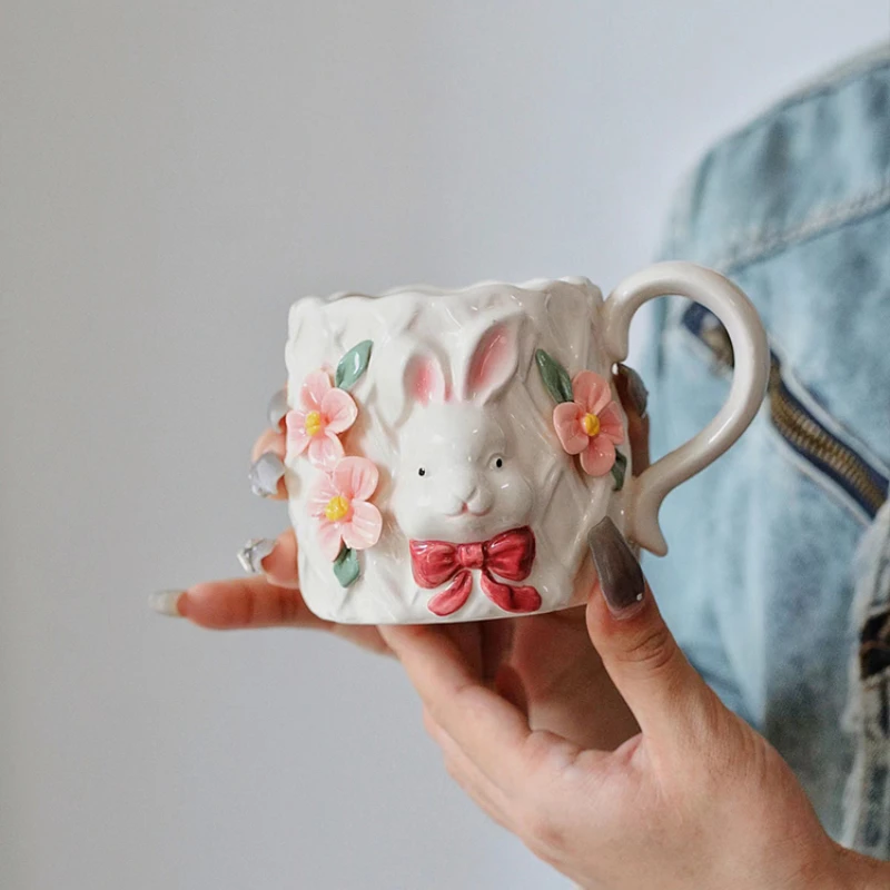 

Hand Knead Rabbit Mark Artistic Sense Mugs Delicacy Household Creative Ceramic Cute Relievo Water Cup Super Cute with Hand Gift