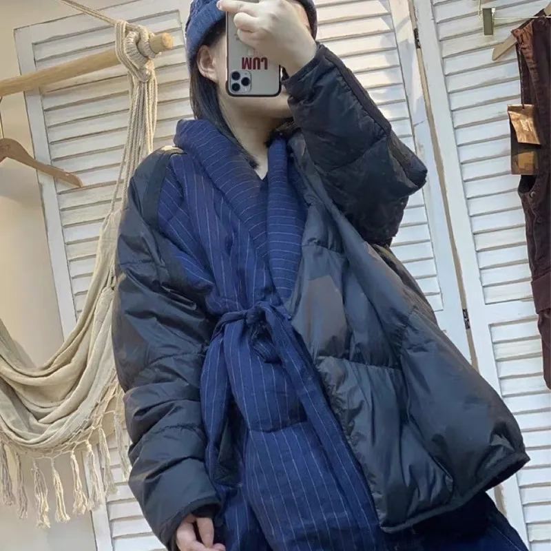 ヴィンテージシックなパッチワークレディースダウンジャケット軽量ダウンジャケット冬用ショートオーバーサイズダウンコート女性用パーカーカナダ風